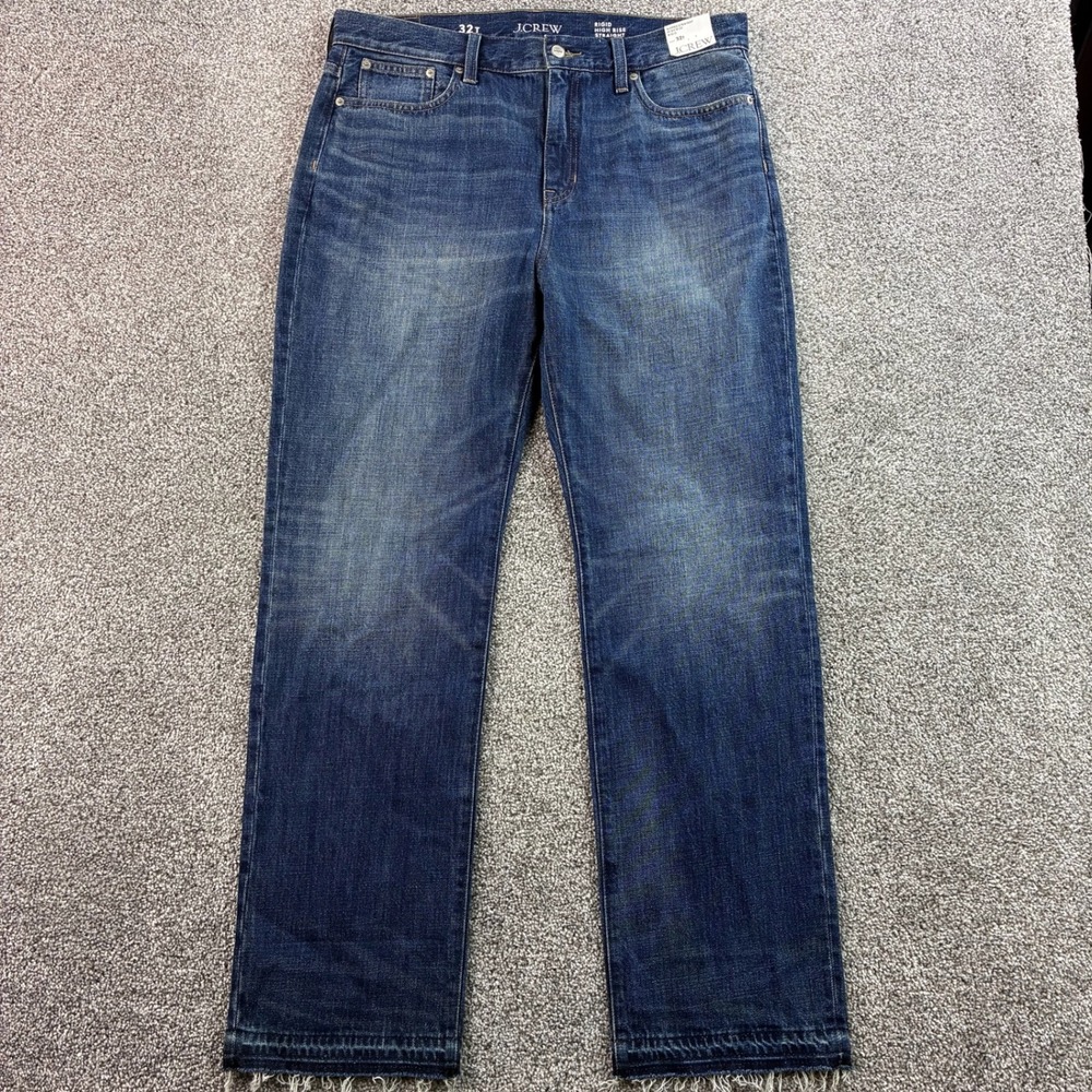 NEW J.Crew Jeans Mens 32T Blue Denim Rigid High Rise Straight Raw Hem Dark Wash